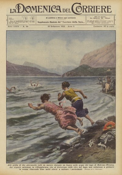 Auf die Schreie von zwei jungen Männern, die während eines Bades im Molveno-See krank wurden? von Achille Beltrame