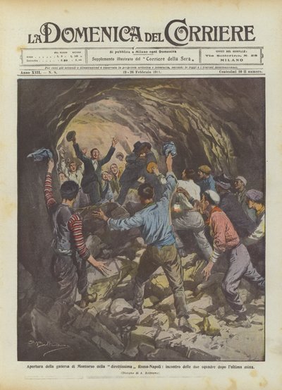 Eröffnung des Montorso-Tunnels der Direktverbindung Rom-Neapel, Treffen der beiden Teams nach der letzten Sprengung von Achille Beltrame