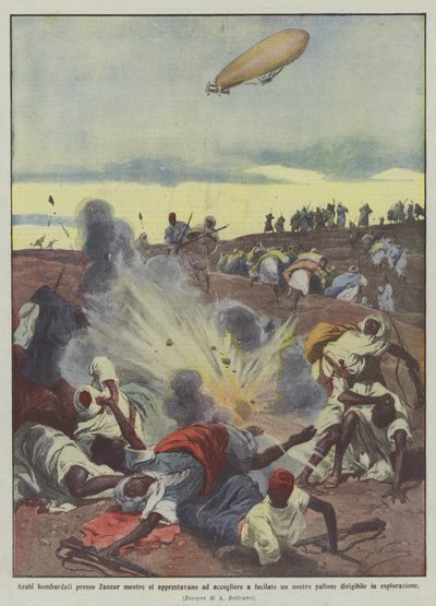 Araber bombardiert bei Zanzur, während sie sich darauf vorbereiteten, unseren Ballon mit Gewehrschüssen zu empfangen von Achille Beltrame