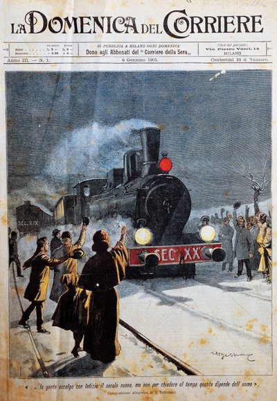 Ankunft des neuen Jahrhunderts, Menschen begrüßen das neue Jahrhundert mit Freude, Illustration von Achille Beltrame (1871-1945), aus La Domenica del Corriere, 6. Januar von Achille Beltrame