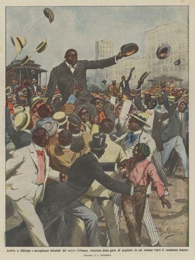 Ankunft in Chicago und triumphaler Empfang des schwarzen Johnson, Sieger des Boxkampfes von Achille Beltrame