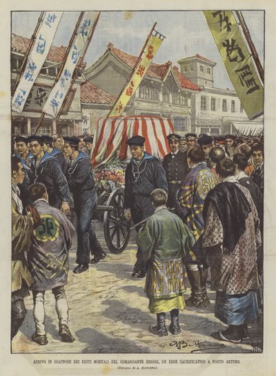 Ankunft der sterblichen Überreste von Kommandant Hirose, einem Helden, der sich in Port Arthur geopfert hat, in Japan von Achille Beltrame