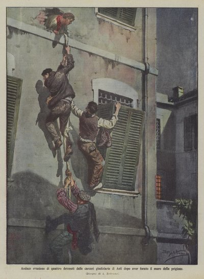 Kühne Flucht von vier Gefangenen aus dem Gerichtsgefängnis von Asti nach dem Durchbrechen der Gefängnismauer von Achille Beltrame
