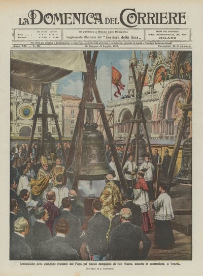 Segnung der Glocken, die vom Papst für den neuen Glockenturm von San Marco in Venedig geschenkt wurden, noch im Bau von Achille Beltrame