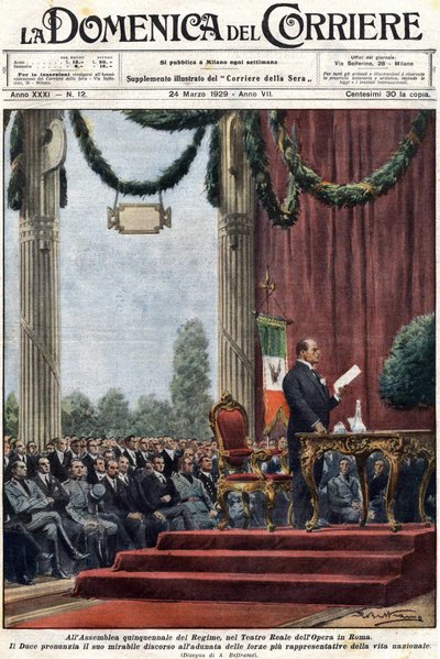 Benito Mussolini hält seine Rede im Teatro Reale der Oper in Rom vor den Führern des Regimes (Illustration von Achilles Beltrame, „Domenica del Corriere“ vom 24. März 1929) von Achille Beltrame