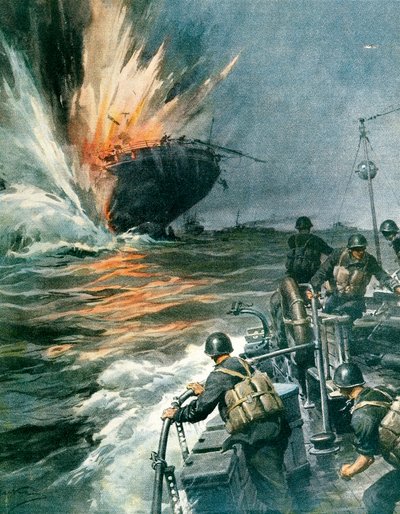 Britisches Handelsschiff von italienischem MAS im Mittelmeer versenkt, 3. August von Achille Beltrame