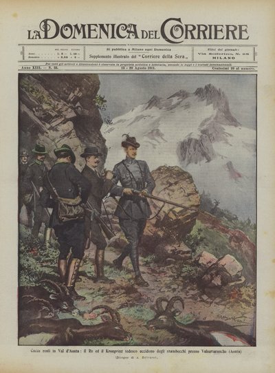Königliche Jagden im Aostatal, der König und der deutsche Kronprinz töten Steinböcke bei Valsavaranche (Aosta) von Achille Beltrame
