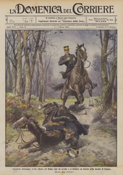 Unglücklicher Ritt, König Albert von Belgien stürzt vom Pferd und bricht sich den Arm im Wald von Soignes von Achille Beltrame