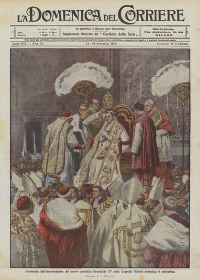 Krönungszeremonie des neuen Papstes Benedikt XV in der Sixtinischen Kapelle am Sonntag, 6. September von Achille Beltrame