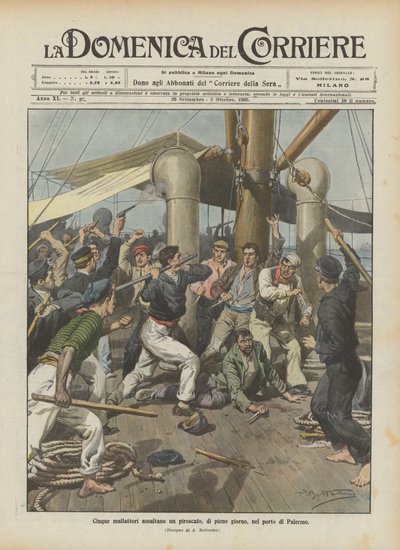 Fünf Verbrecher überfallen ein Dampfschiff am helllichten Tag im Hafen von Palermo von Achille Beltrame