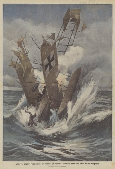 Wie der Angriff auf Rimini bezahlt wurde, ein österreichisches Flugzeug von unserer Artillerie abgeschossen von Achille Beltrame