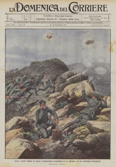 Wie unsere Truppen den Tod herausfordern, eine sehr gewagte Erkundung eines Offiziers und eines Freiwilligen der Artillerie von Achille Beltrame