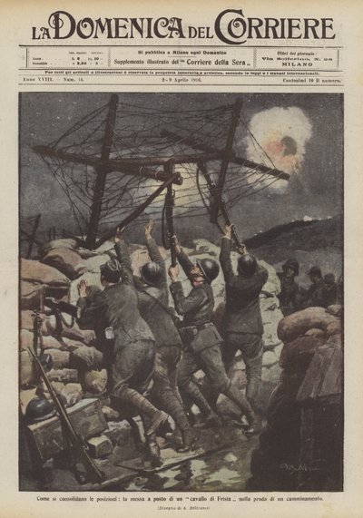 Wie die Stellungen gesichert werden, das Aufstellen eines Spanischen Reiters am Rand eines Laufgrabens von Achille Beltrame