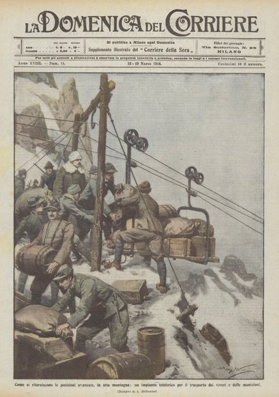 Wie die vorgeschobenen Stellungen versorgt werden, in den hohen Bergen, eine Seilbahnanlage von Achille Beltrame