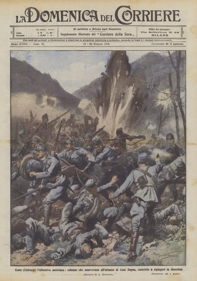 Wie die österreichische Offensive scheitert, Kolonnen, die zum Angriff auf Coni Zugna vorrücken von Achille Beltrame
