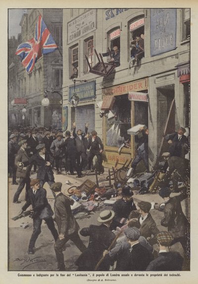Ergriffen und empört über das Ende der Lusitania, das Volk von London greift deutsche Eigentümer an und verwüstet sie von Achille Beltrame