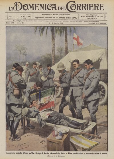 Rührende Episode des patriotischen Mutes, der Korporal Carola, Kavallerie, verwundet in Libyen, will die Fahne küssen von Achille Beltrame