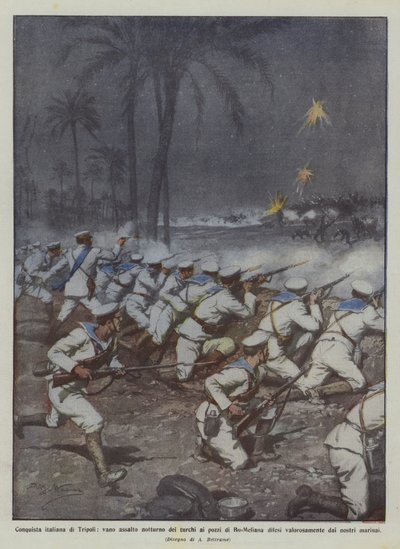 Italienische Eroberung von Tripolis, vergeblicher nächtlicher Angriff der Türken auf die Brunnen von Bu-Meliana, verteidigt von Achille Beltrame
