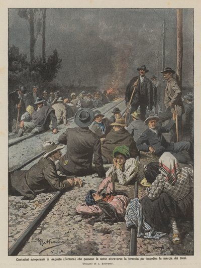 Streikende Bauern von Argenta (Ferrara) verbringen die Nacht auf der Eisenbahnstrecke von Achille Beltrame