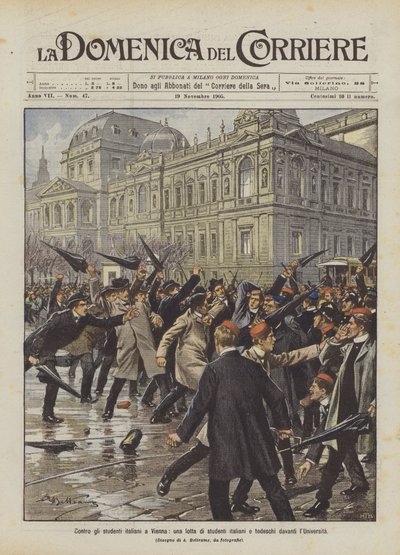 Gegen die italienischen Studenten in Wien, ein Kampf zwischen italienischen und deutschen Studenten vor der Universität von Achille Beltrame