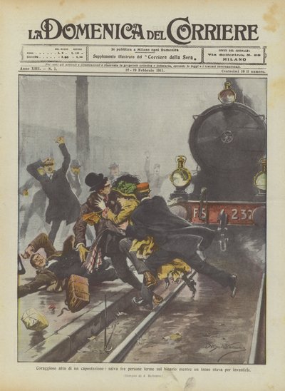 Mutige Tat eines Bahnhofsvorstehers, rettet drei Personen, die auf den Gleisen standen, als ein Zug sie überfahren wollte von Achille Beltrame