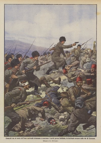 Kosaken, die zur Nationalhymne vorrücken und die Türken bei Dalibaba vertreiben von Achille Beltrame