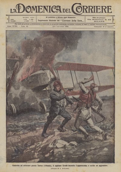 Der Kapitän Ercole muss bei Zarnec (Albanien) landen, zündet das Flugzeug an und tötet einen Angreifer von Achille Beltrame
