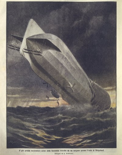 Titelillustration eines deutschen Kreuzers, der von einem Hurrikan in der Nähe der Insel Helgoland weggeschwemmt wird von Achille Beltrame