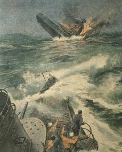 Titelillustration eines Maryland-Klasse amerikanischen Schlachtschiffs, das von einem italienischen U-Boot Barbarigo im Atlantischen Ozean während des Zweiten Weltkriegs versenkt wurde von Achille Beltrame