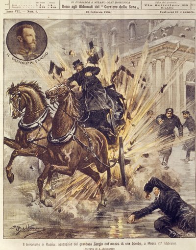 Titelillustration der Ermordung von Großfürst Sergei Alexandrowitsch Romanow durch eine Terrorbombe in Moskau, Russland von Achille Beltrame