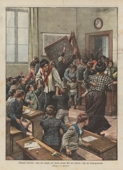 Krankhafte Leichtgläubigkeit, eine Menge stürmt eine Schule bei Bari, um ihre Kinder vor dem Ausbluten zu retten von Achille Beltrame