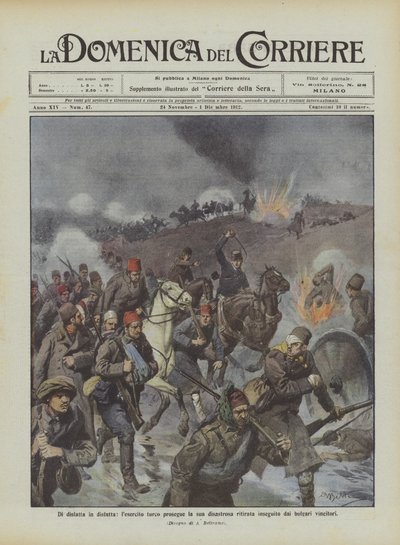 Von Niederlage zu Niederlage, die türkische Armee setzt ihren katastrophalen Rückzug fort, verfolgt von den siegreichen Bulgaren von Achille Beltrame