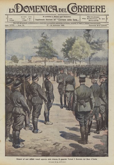Vor seinen Soldaten, die extra aus den Schützengräben gekommen sind, wird General Tettoni vom Herzog von Aosta dekoriert von Achille Beltrame