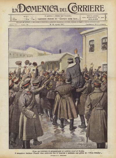 Nach einer Propagandarede an die russischen Soldaten von Ochta, der italienische Major Tonelli... von Achille Beltrame