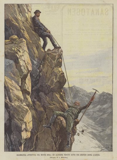 Dramatisches Abenteuer am Monte Rosa, ein Bergsteiger hängt sieben Stunden über dem Abgrund von Achille Beltrame