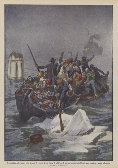 Dramatische Rettung in der Lagune von Venedig eines Bootes von Milchverkäuferinnen, das von einer Eisscholle getroffen wurde von Achille Beltrame