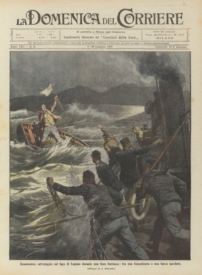 Dramatische Rettung auf dem Luganersee während eines heftigen Sturms, zwischen einem Torpedoboot und einem verlorenen Boot von Achille Beltrame