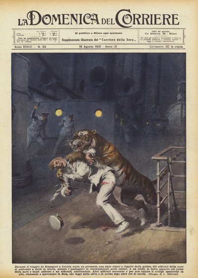 Während der Reise von Singapur nach London auf einem Dampfer entkam ein Tiger aus seinem Käfig von Achille Beltrame