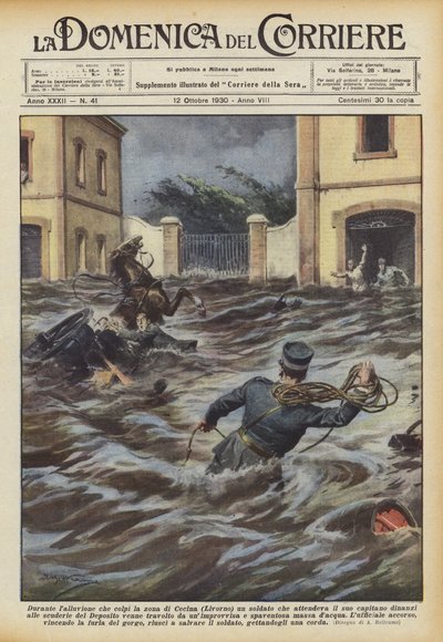 Während der Überschwemmung, die die Gegend von Cecina (Livorno) traf, ein Soldat, der auf seinen Hauptmann wartete von Achille Beltrame