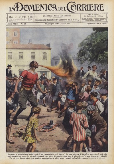 Während der erstaunlichen Darbietungen eines Feuerschluckers auf einem Platz in London von Achille Beltrame