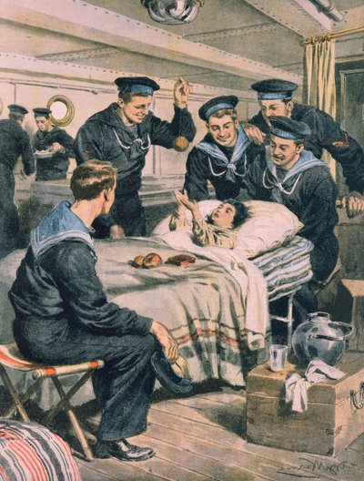 Erdbeben in Messina, Kind wird von der Marine aus den Trümmern gerettet und per Schiff transportiert, Illustration von Achille Beltrame, aus La Domenica del Corriere, 28. Dezember 1908 von Achille Beltrame