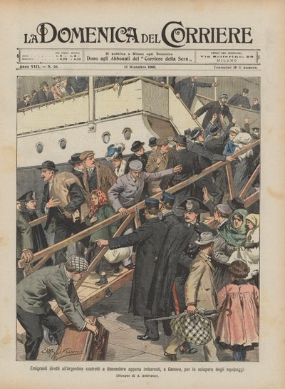 Auswanderer nach Argentinien gezwungen, das Schiff in Genua wegen des Streiks der Besatzung zu verlassen von Achille Beltrame