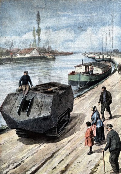 Ende des Ersten Weltkriegs: das friedliche Ende einer gewaltigen Kriegsmaschine. Panzer ziehen jetzt Lastkähne auf dem französischen Kanal. Ill. von Beltrame. La Domenica del Corriere. 03/1919 von Achille Beltrame