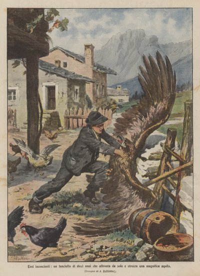 Unbewusste Helden, ein zehnjähriger Junge, der allein eine prächtige Adler erwürgt von Achille Beltrame