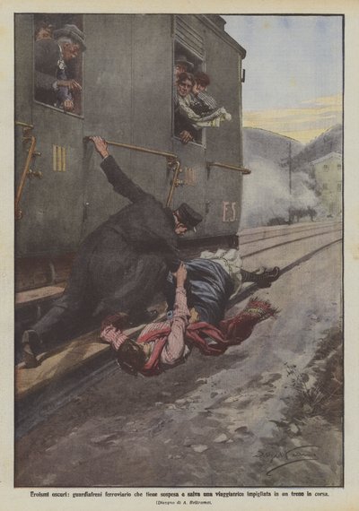 Verborgene Heldentaten, Eisenbahnbremser hält eine Reisende, die sich in einem fahrenden Zug verfangen hat, in der Schwebe und rettet sie von Achille Beltrame