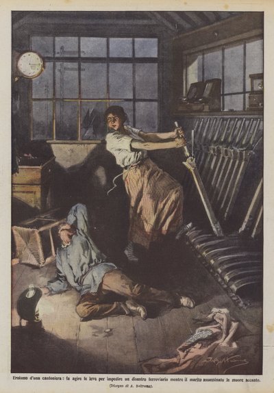 Heldentat einer Bahnwärterin, die die Hebel betätigt, um eine Eisenbahnkatastrophe zu verhindern, während ihr Mann... von Achille Beltrame
