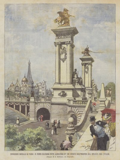 Weltausstellung in Paris, die neue grandiose Brücke Alexander III., die vom Eingang... von Achille Beltrame