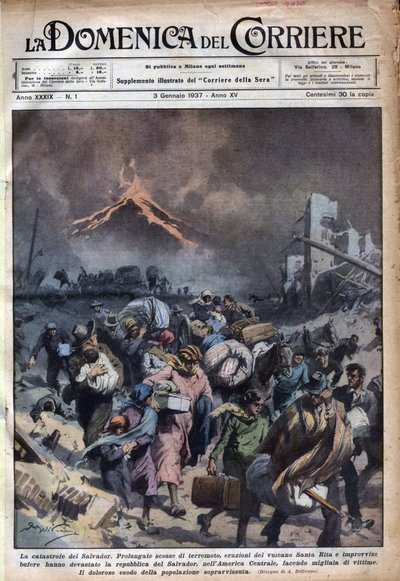 Exodus der Bevölkerung von El Salvador nach dem Erdbeben und den Ausbrüchen des Vulkans Santa Rita. Illustration von Achille Beltrame in 