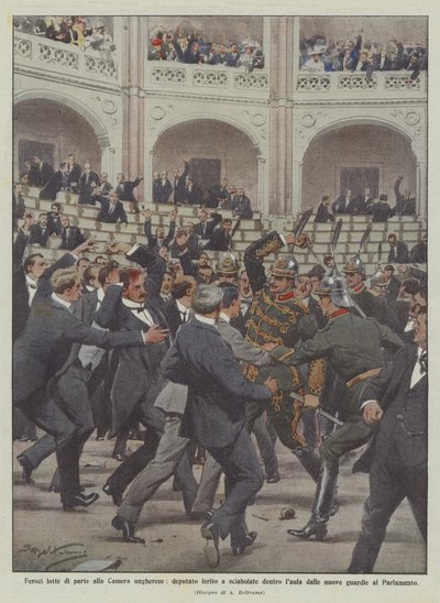 Heftige Parteikämpfe im ungarischen Parlament, ein Abgeordneter wird im Sitzungssaal mit Säbeln verletzt von Achille Beltrame