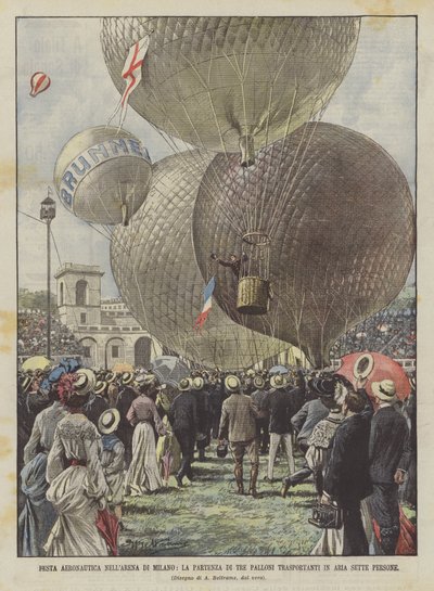 Luftfahrtfest in der Arena von Mailand, der Start von drei Ballons, die sieben Personen in die Luft transportieren von Achille Beltrame